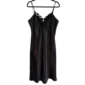 Vintage Y2K Black Satin Slip Dress Nightgown Lace Sequin Beaded Detail Sz Large